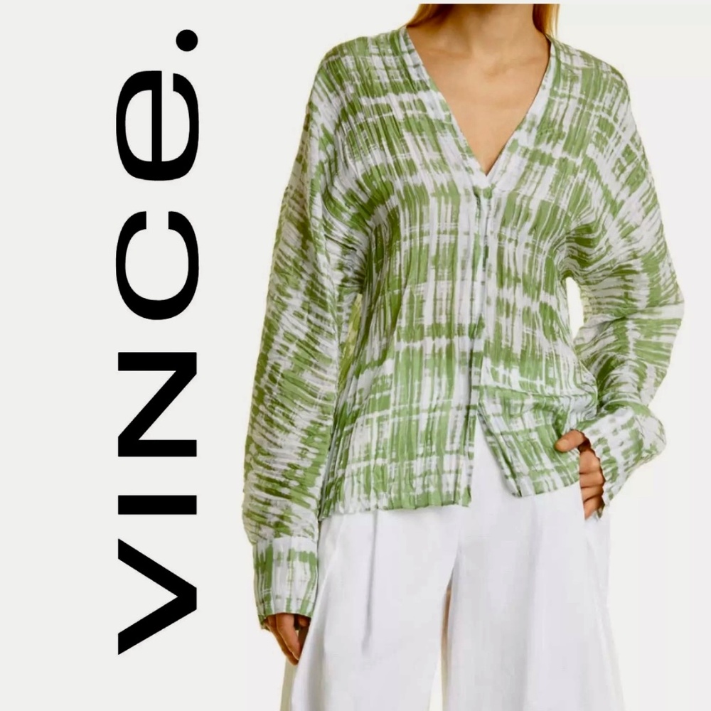 Vince. XS S 💯 Silk Tie-dye Long Dolman Sleeve Blouse Pistachio Top